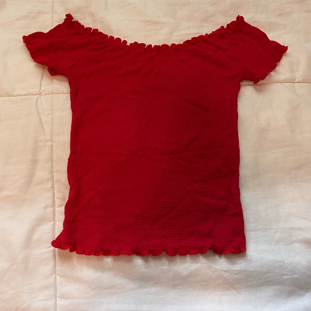 Red off the shoulder shirt